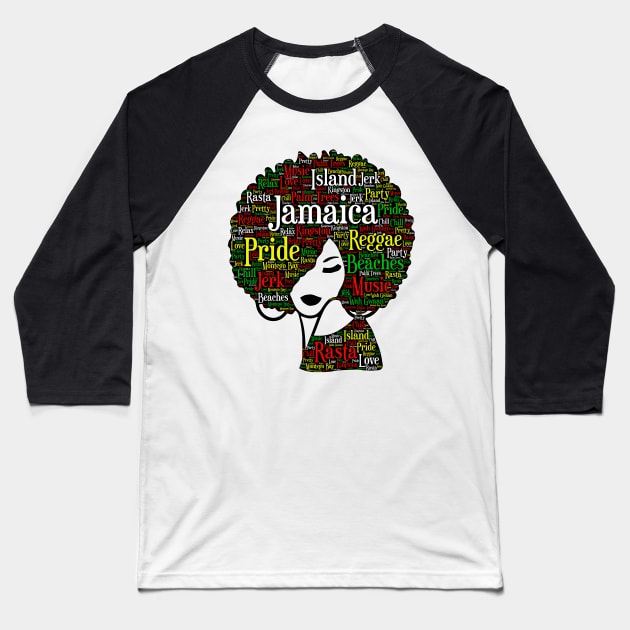 Jamaica Pride Woman With Words in Afro Baseball T-Shirt by blackartmattersshop